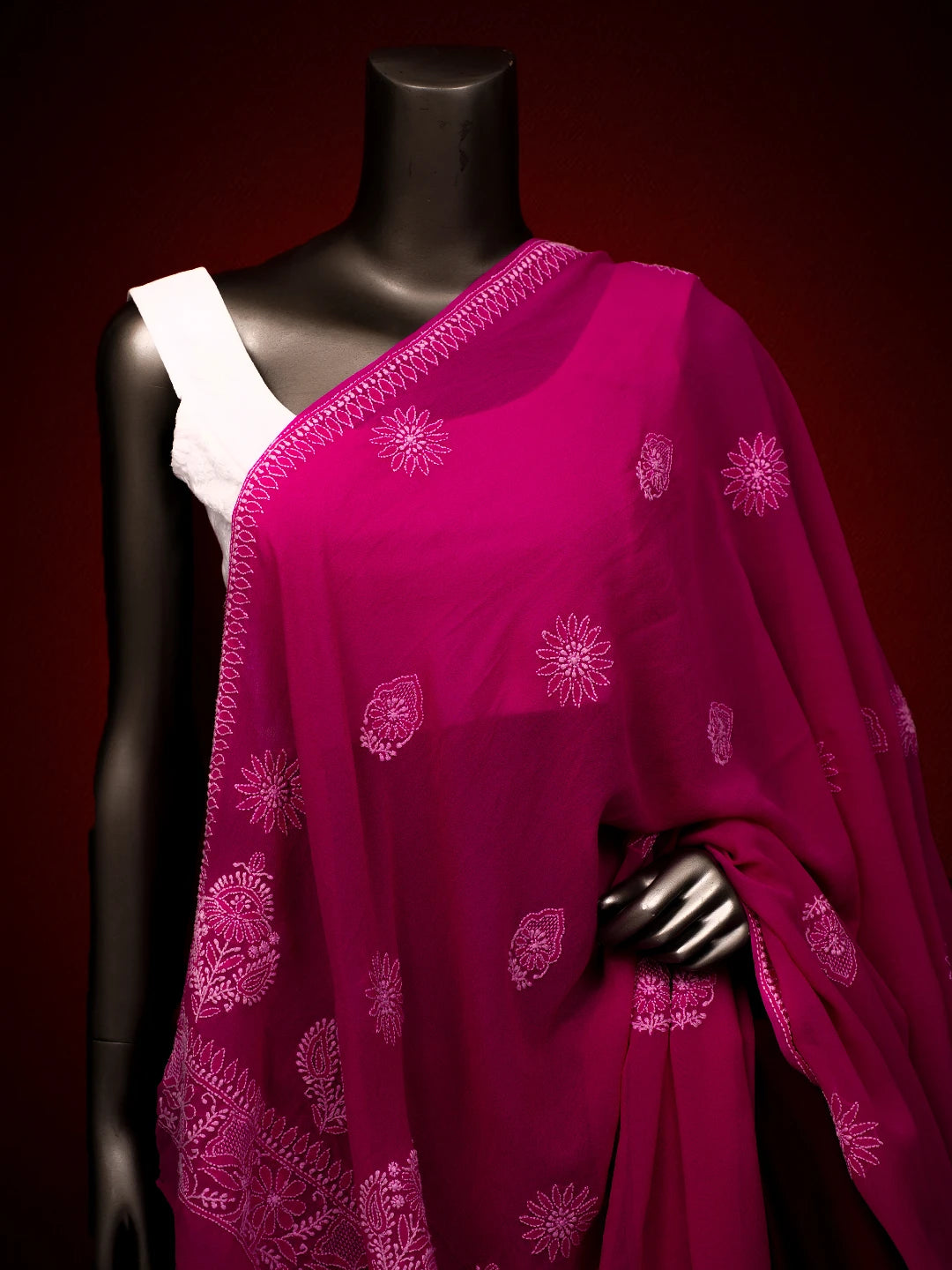 Ada Hand Embroidered Magenta Pure Georgette Lucknowi Chikankari Dupatta 01A665288