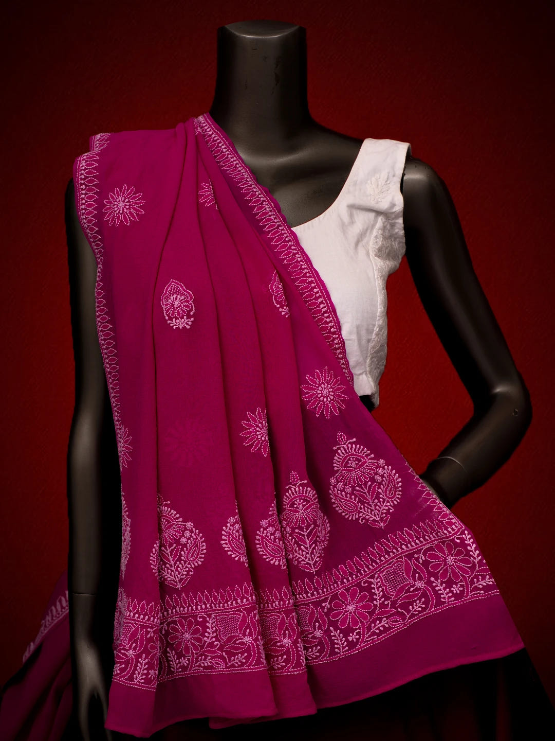Ada Hand Embroidered Magenta Pure Georgette Lucknowi Chikankari Dupatta 01A665288