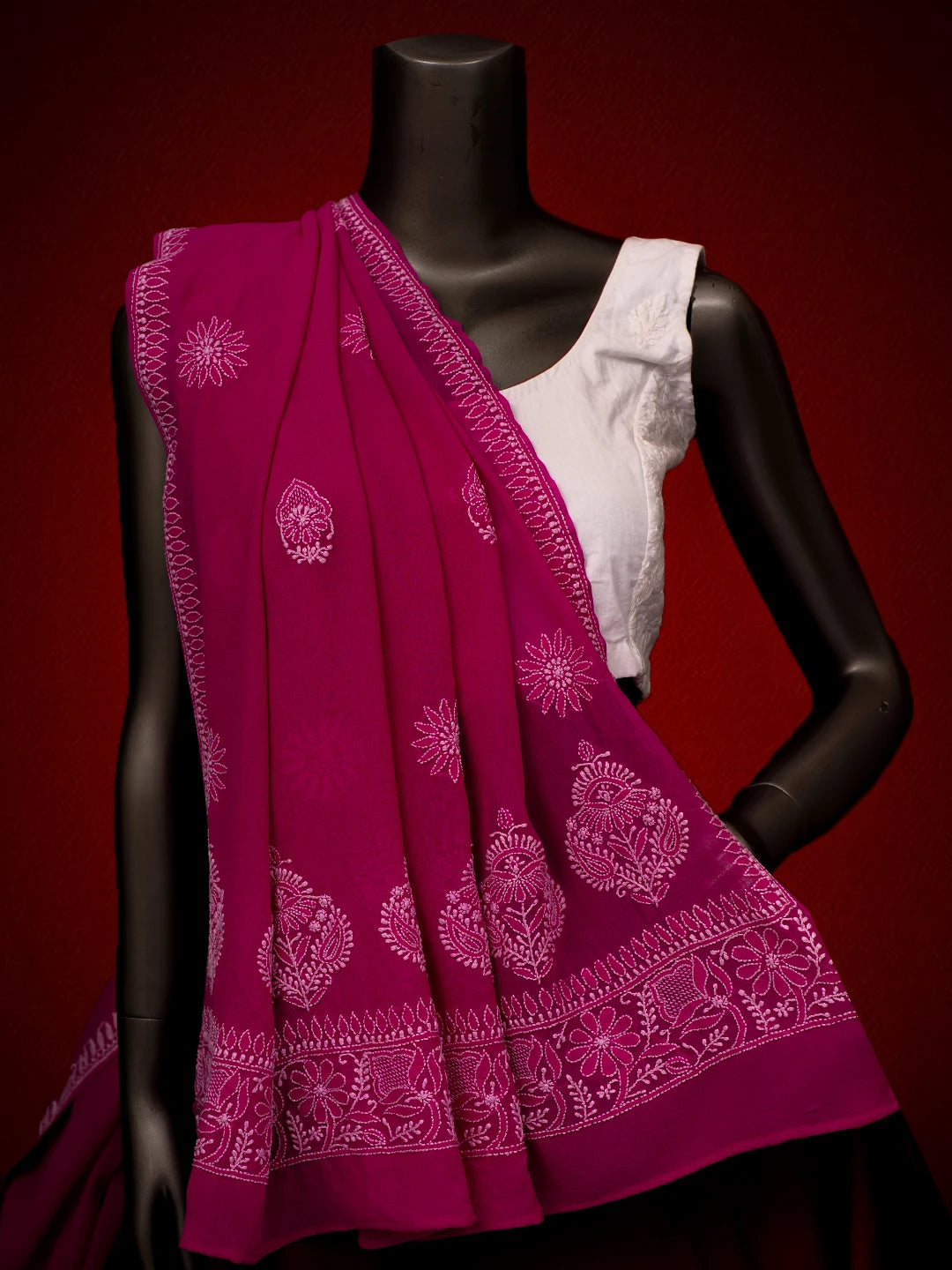 Ada Hand Embroidered Magenta Pure Georgette Lucknowi Chikankari Dupatta 01A665288