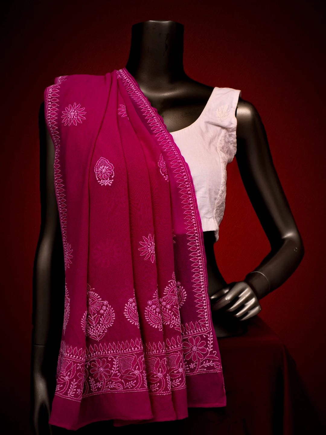Ada Hand Embroidered Magenta Pure Georgette Lucknowi Chikankari Dupatta 01A665288