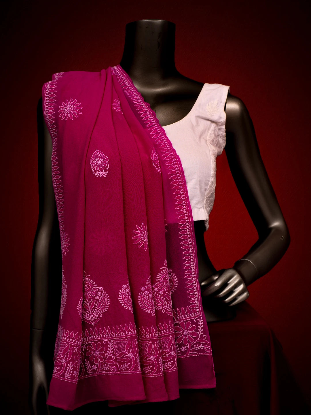 Ada Hand Embroidered Magenta Pure Georgette Lucknowi Chikankari Dupatta 01A665288
