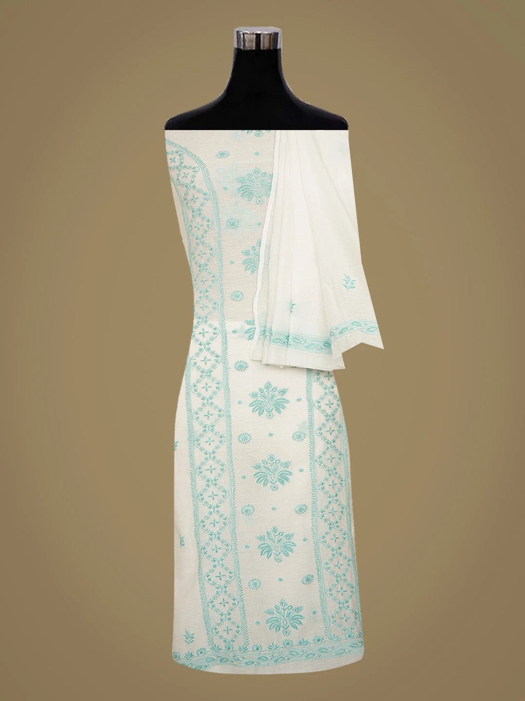 Ada Hand Embroidered White Chanderi Lucknowi Chikankari Unstitched Kurta Dupatta Set 01A682976
