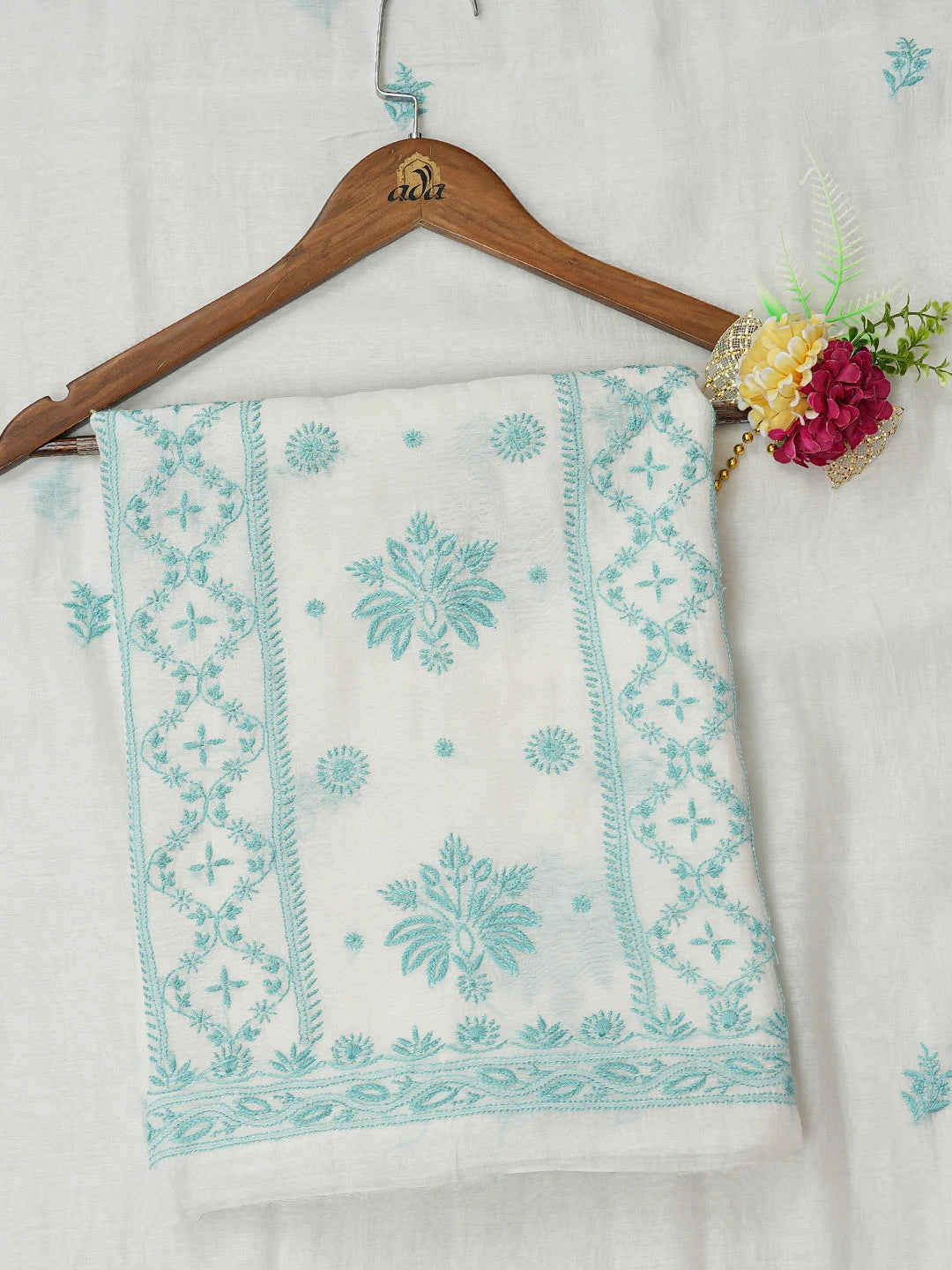 Ada Hand Embroidered White Chanderi Lucknowi Chikankari Unstitched Kurta Dupatta Set 01A682976