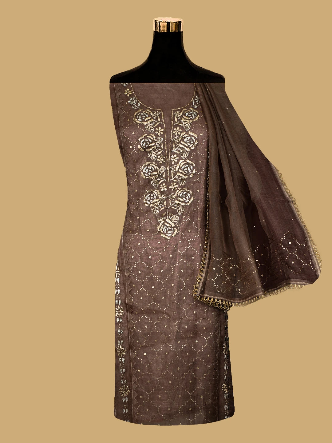 Ada Hand Embroidered Rose Ebony Brown Organza Lucknowi Chikankari Semi-Stitched Kurta Dupatta Set With Mukaish Work 01A723562