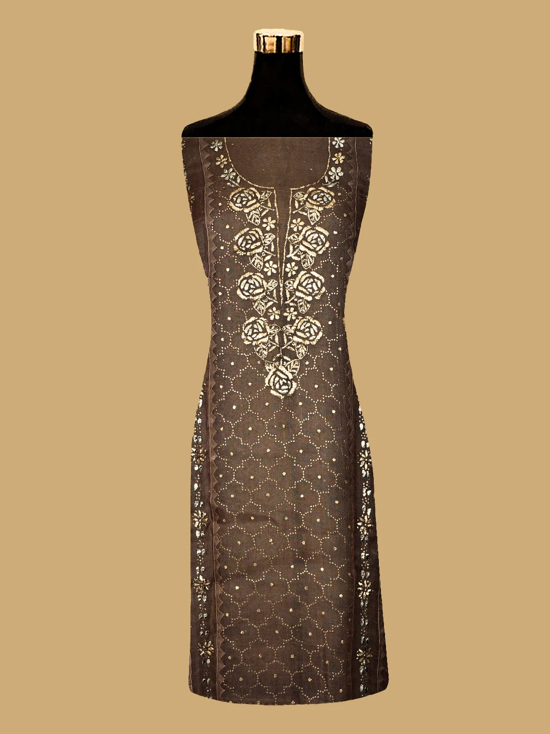 Ada Hand Embroidered Rose Ebony Brown Organza Lucknowi Chikankari Semi-Stitched Kurta Dupatta Set With Mukaish Work 01A723562