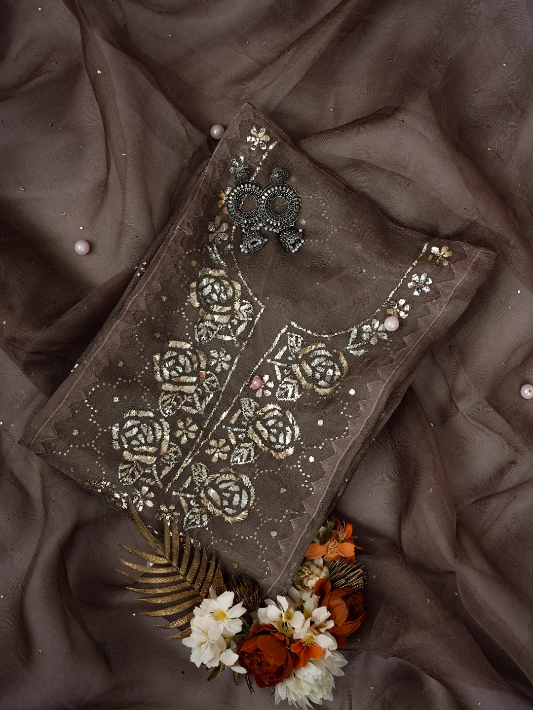 Ada Hand Embroidered Rose Ebony Brown Organza Lucknowi Chikankari Semi-Stitched Kurta Dupatta Set With Mukaish Work 01A723562