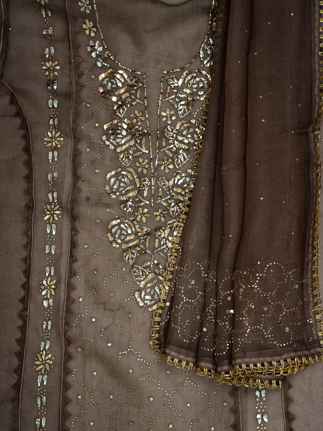 Ada Hand Embroidered Rose Ebony Brown Organza Lucknowi Chikankari Semi-Stitched Kurta Dupatta Set With Mukaish Work 01A723562