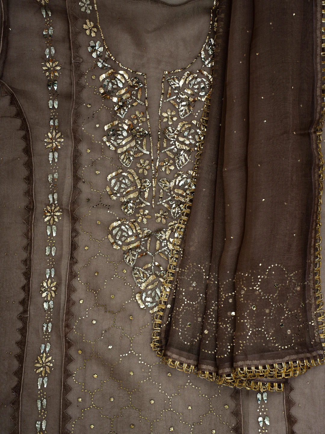 Ada Hand Embroidered Rose Ebony Brown Organza Lucknowi Chikankari Semi-Stitched Kurta Dupatta Set With Mukaish Work 01A723562