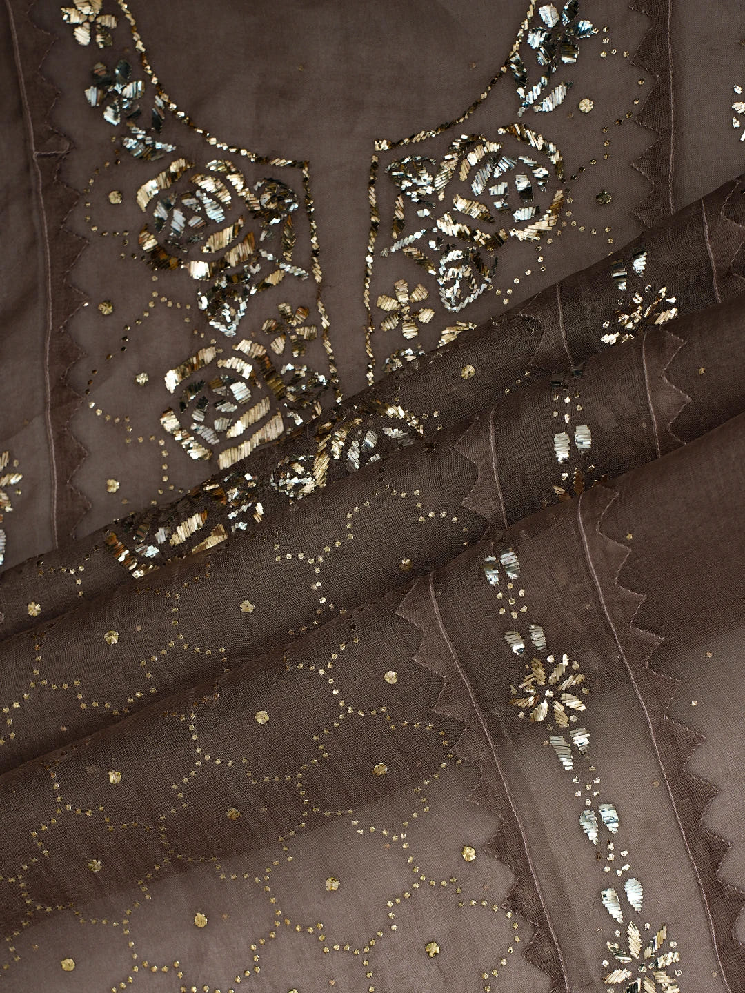 Ada Hand Embroidered Rose Ebony Brown Organza Lucknowi Chikankari Semi-Stitched Kurta Dupatta Set With Mukaish Work 01A723562