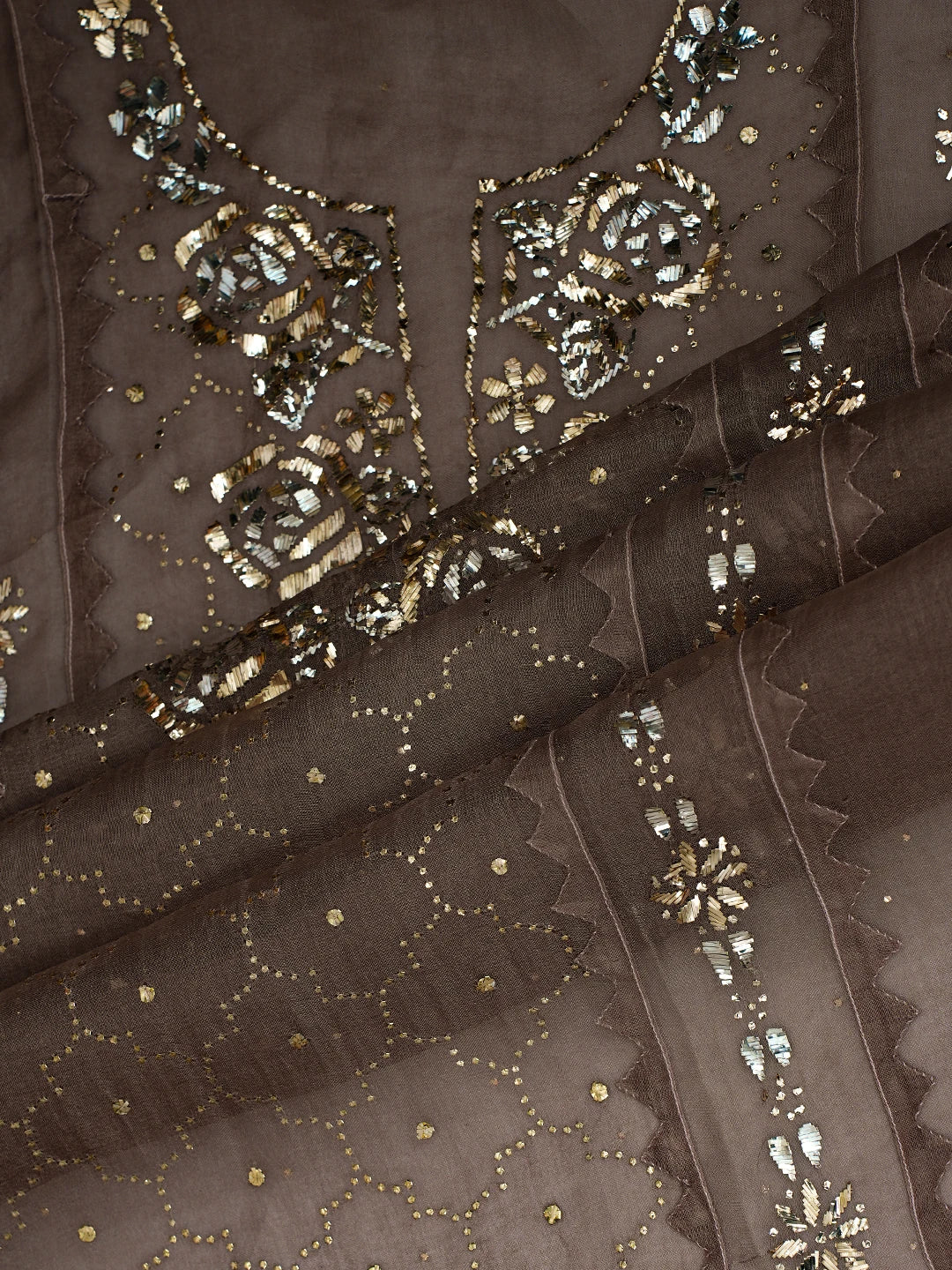 Ada Hand Embroidered Rose Ebony Brown Organza Lucknowi Chikankari Semi-Stitched Kurta Dupatta Set With Mukaish Work 01A723562