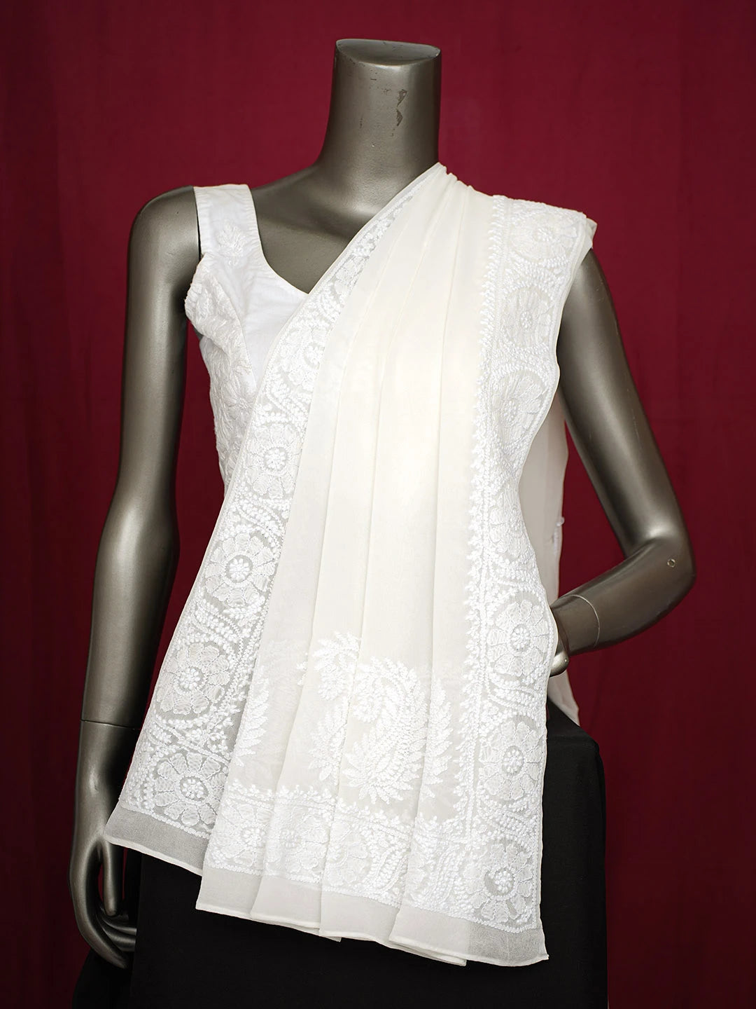 Ada Hand Embroidered Smoke White Pure Georgette Lucknowi Chikankari Dupatta 01A675701