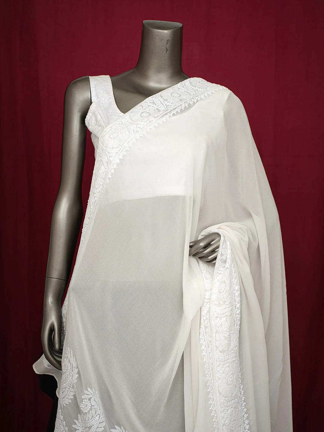 Ada Hand Embroidered Smoke White Pure Georgette Lucknowi Chikankari Dupatta 01A675701