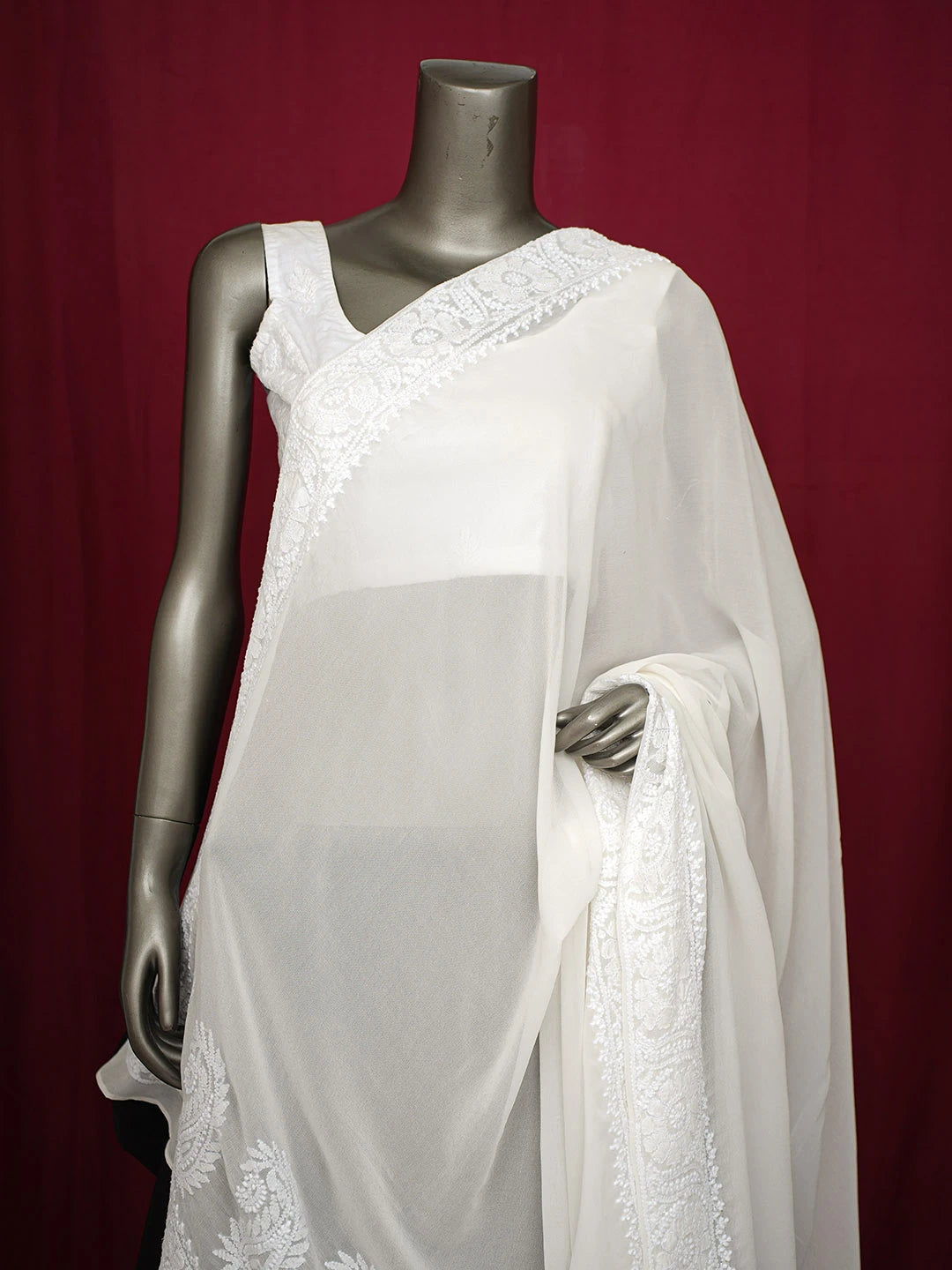 Ada Hand Embroidered Smoke White Pure Georgette Lucknowi Chikankari Dupatta 01A675701