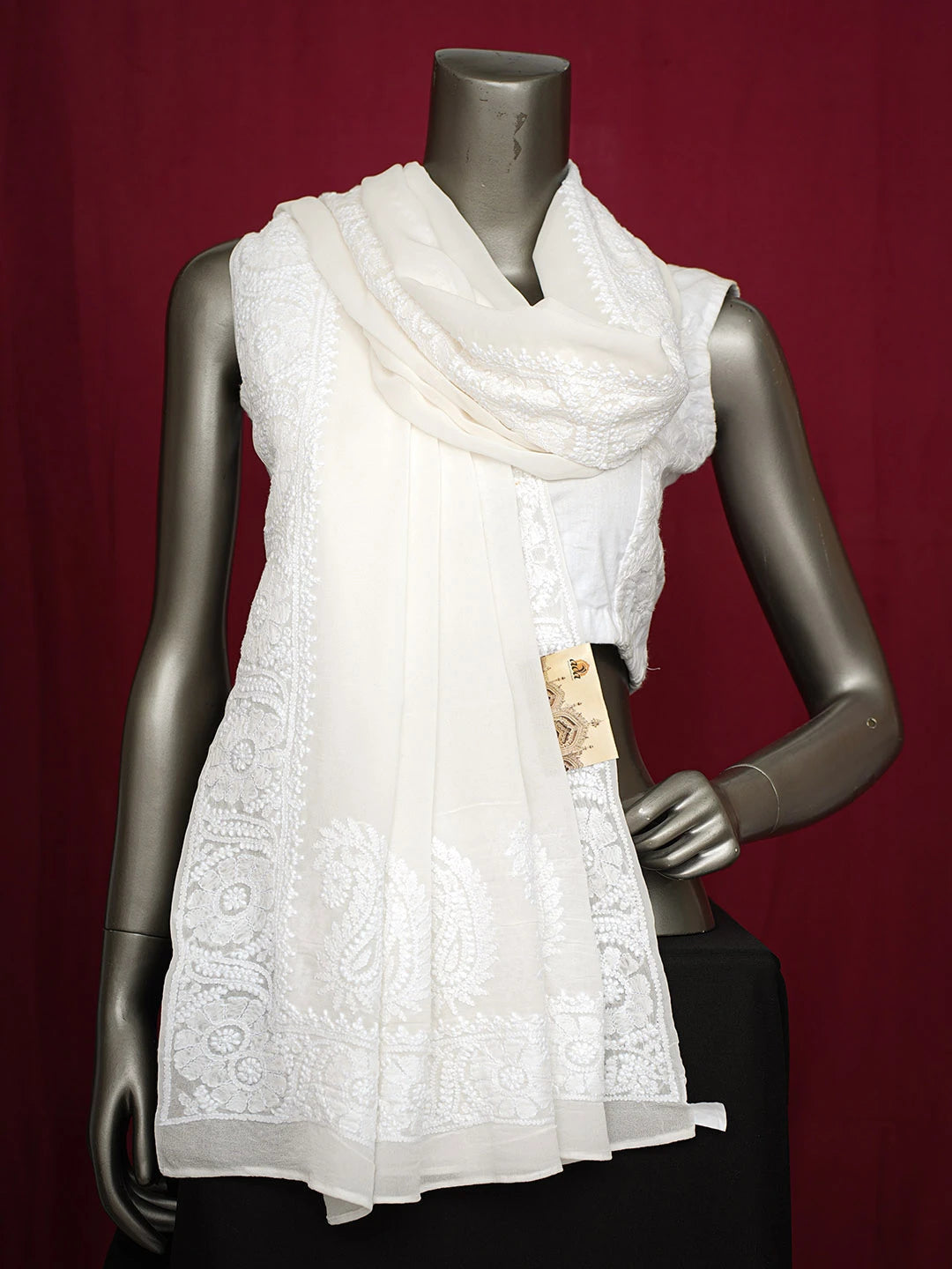 Ada Hand Embroidered Smoke White Pure Georgette Lucknowi Chikankari Dupatta 01A675701