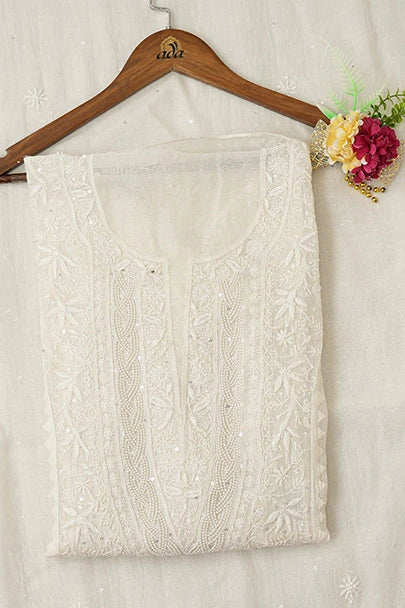 Ada Hand Embroidered White Chanderi Lucknowi Chikankari Semi stitched Kurta Dupatta Set With Cutdana Work 01A720846