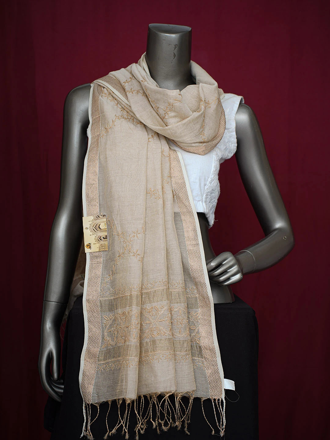 Ada Hand Embroidered Fawn Silk Lucknowi Chikankari Dupatta 01A681125