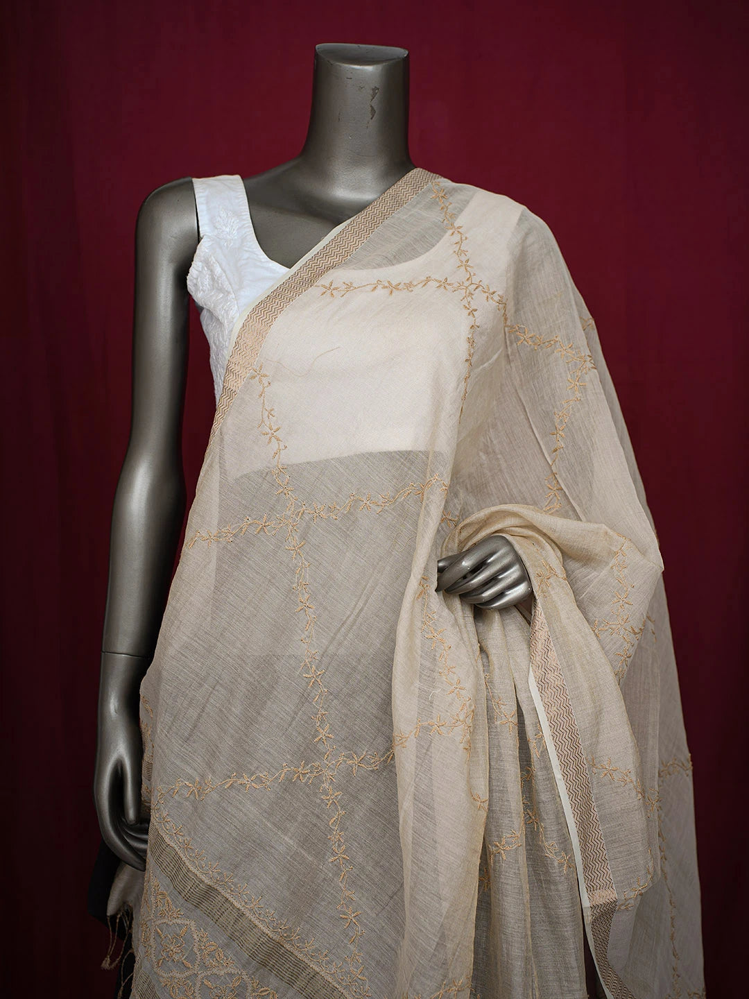 Ada Hand Embroidered Fawn Silk Lucknowi Chikankari Dupatta 01A681125