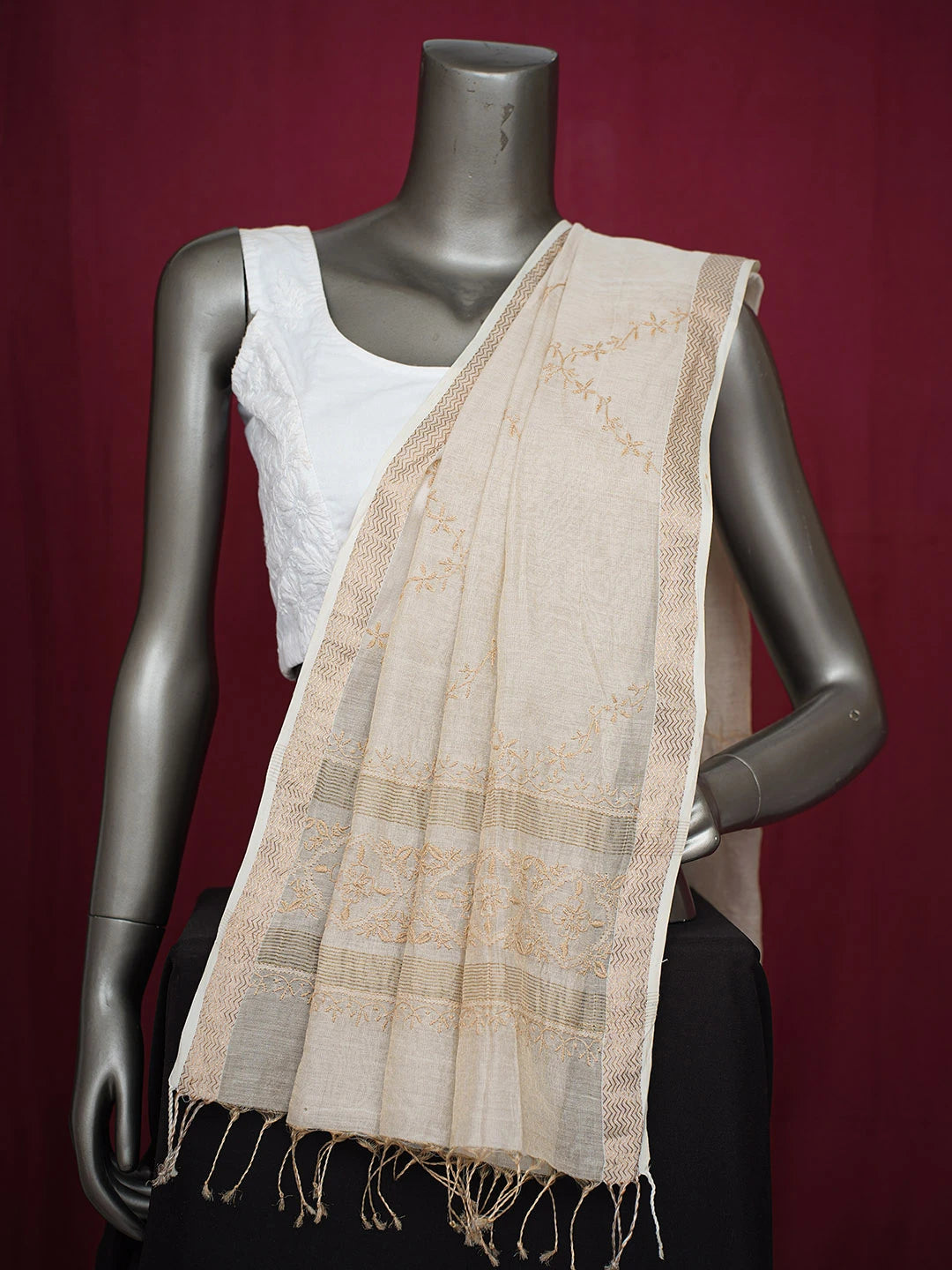 Ada Hand Embroidered Fawn Silk Lucknowi Chikankari Dupatta 01A681125