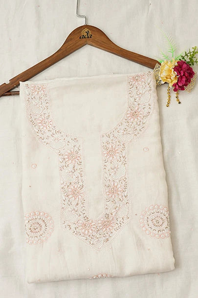 Ada Hand Embroidered White Chanderi Lucknowi Chikankari Unstitched Kurta Dupatta Set With Cutdana Work 01A682762