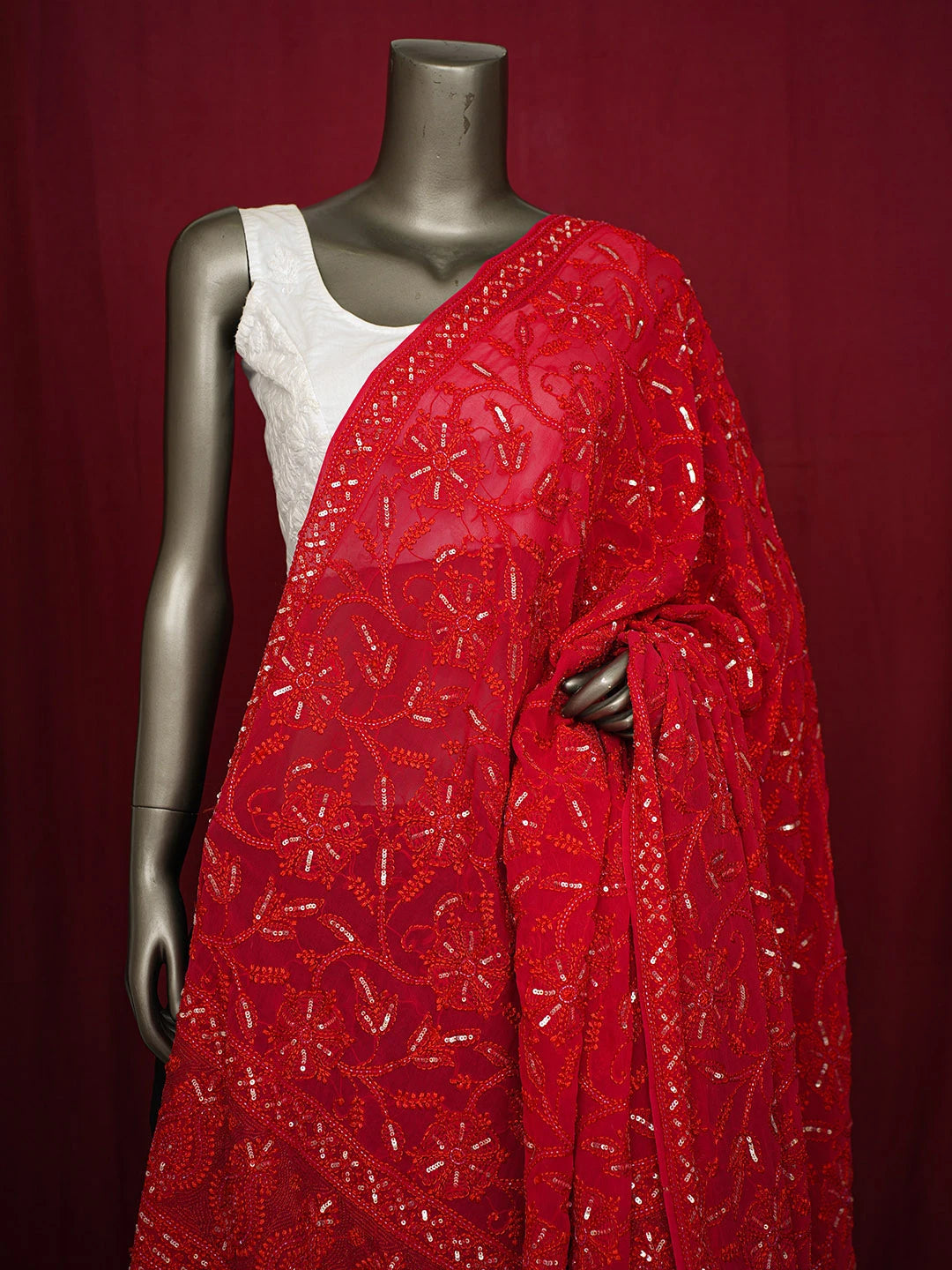 Ada Hand Embroidered Red Pure Georgette Lucknowi Chikankari Dupatta With Cutdana Work 01A230415