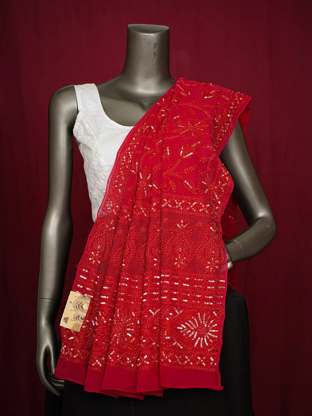 Ada Hand Embroidered Red Pure Georgette Lucknowi Chikankari Dupatta With Cutdana Work 01A230415