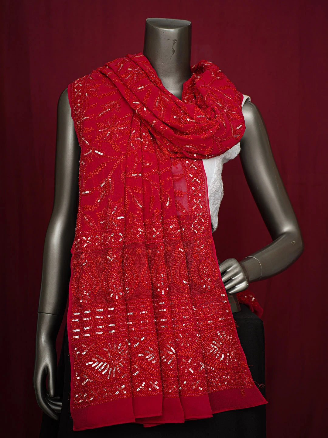 Ada Hand Embroidered Red Pure Georgette Lucknowi Chikankari Dupatta With Cutdana Work 01A230415