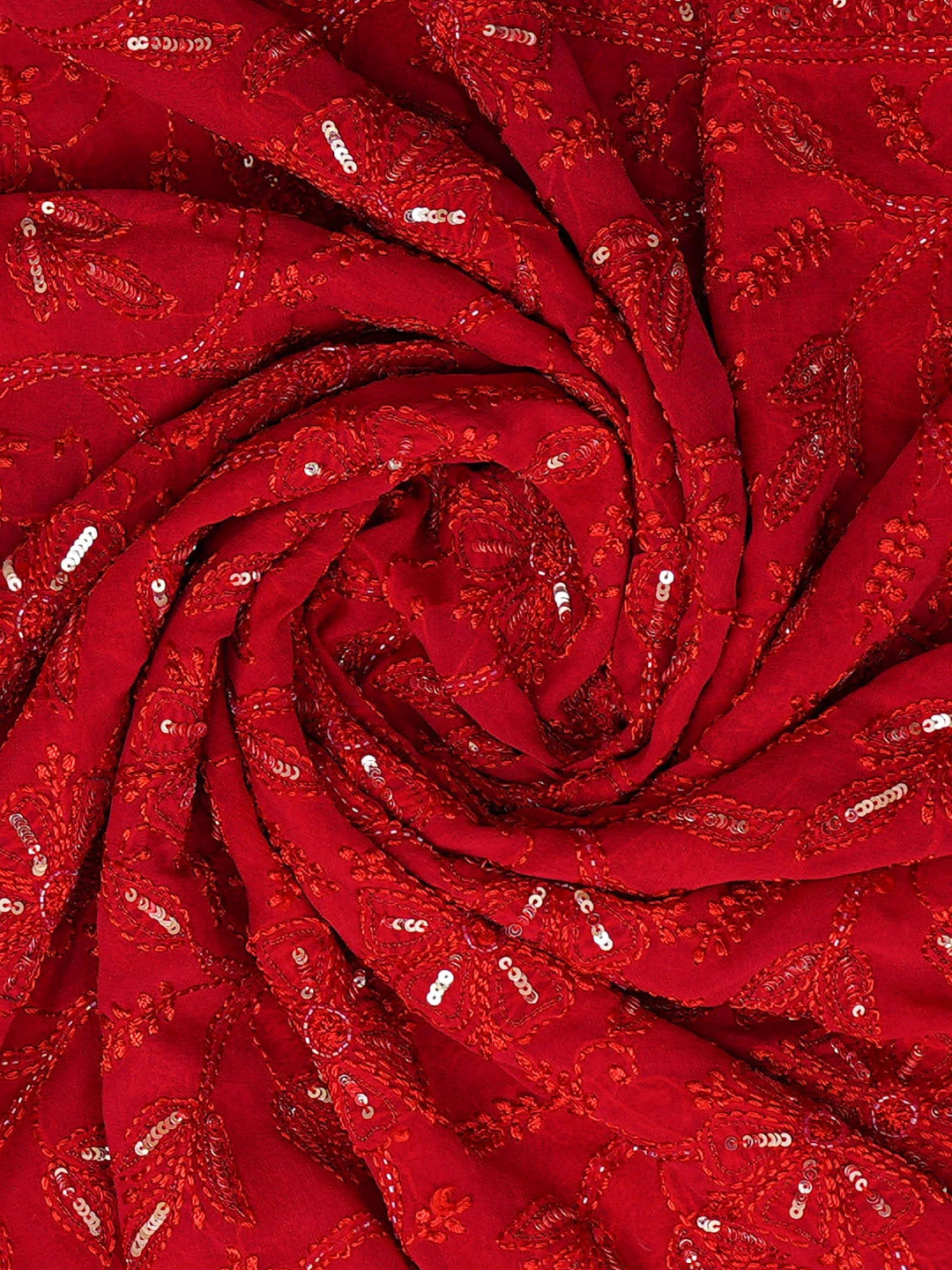 Ada Hand Embroidered Red Pure Georgette Lucknowi Chikankari Dupatta With Cutdana Work 01A230415