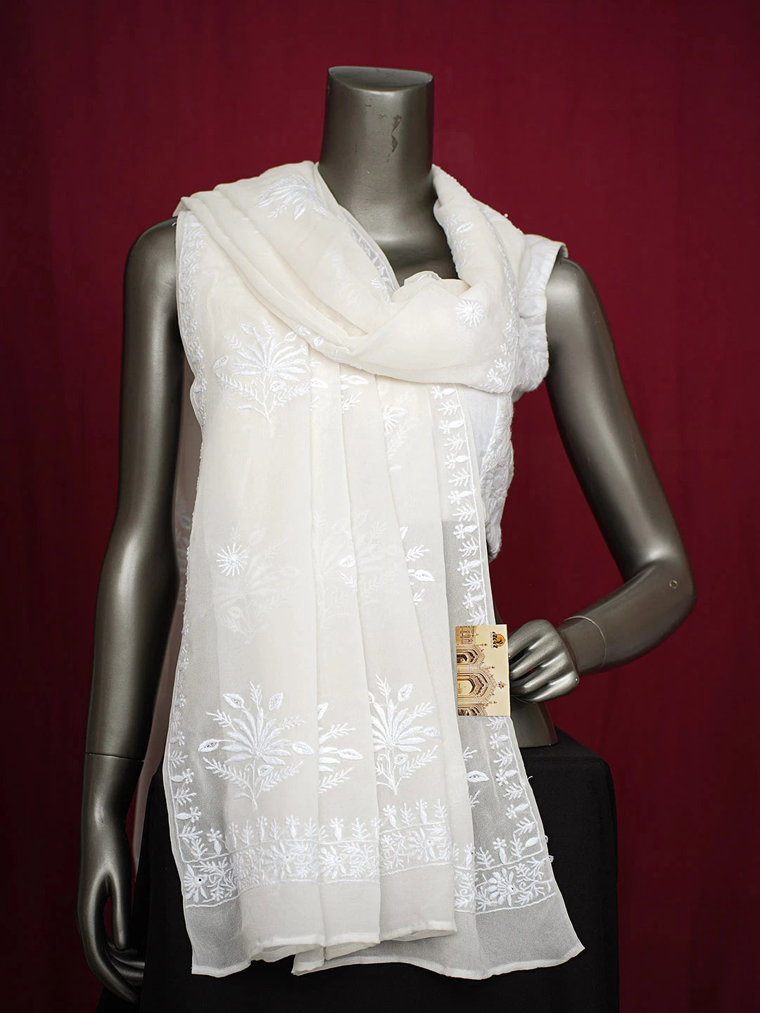 Ada Hand Embroidered White Pure Georgette Lucknowi Chikankari Dupatta 01A716007