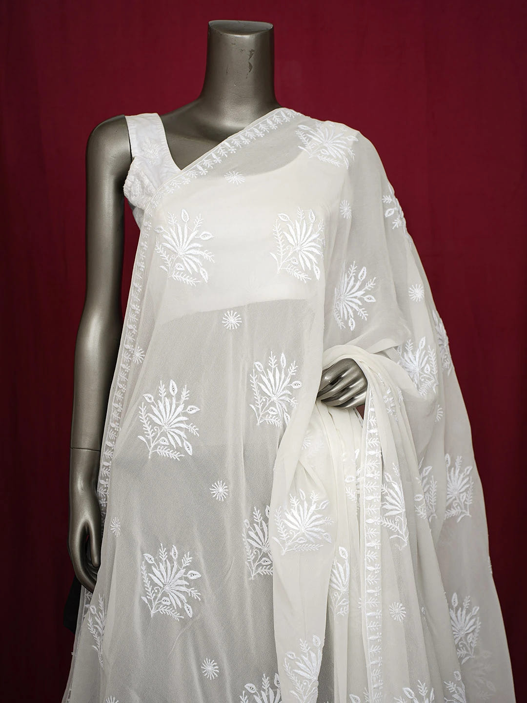 Ada Hand Embroidered White Pure Georgette Lucknowi Chikankari Dupatta 01A716007