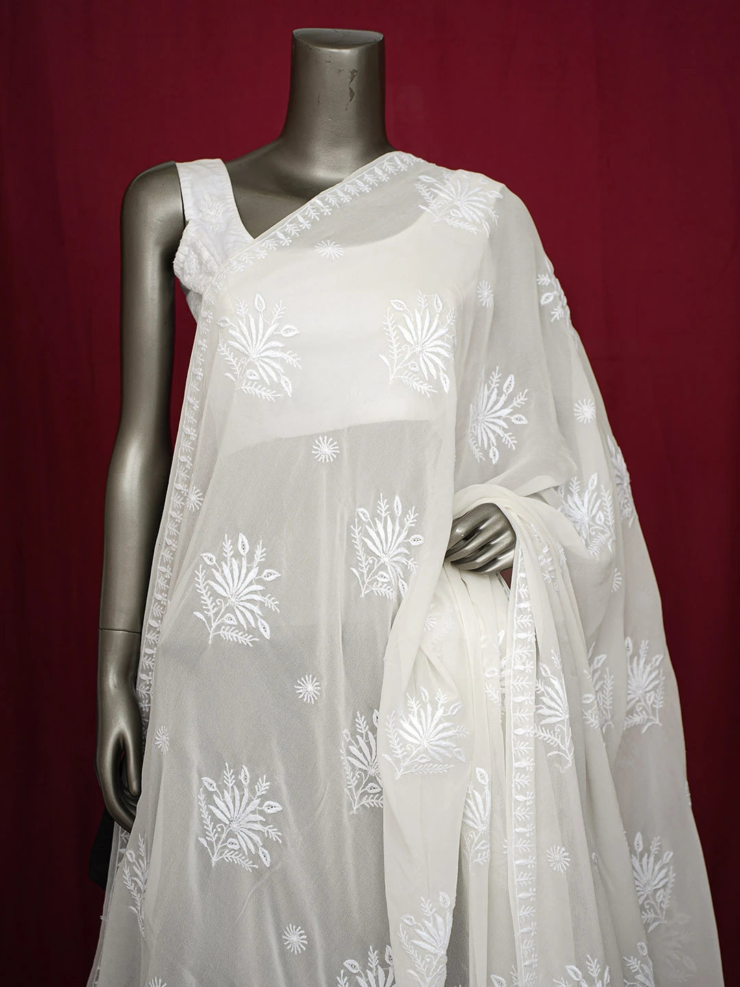 Ada Hand Embroidered White Pure Georgette Lucknowi Chikankari Dupatta 01A716007