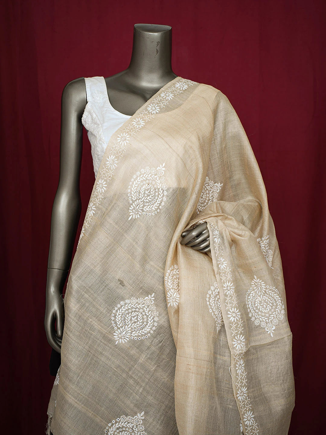 Ada Hand Embroidered Fawn Silk Lucknowi Chikankari Dupatta 01A736369