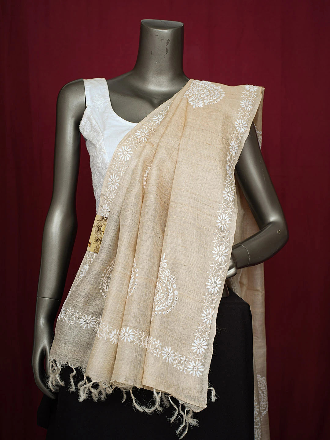 Ada Hand Embroidered Fawn Silk Lucknowi Chikankari Dupatta 01A736369