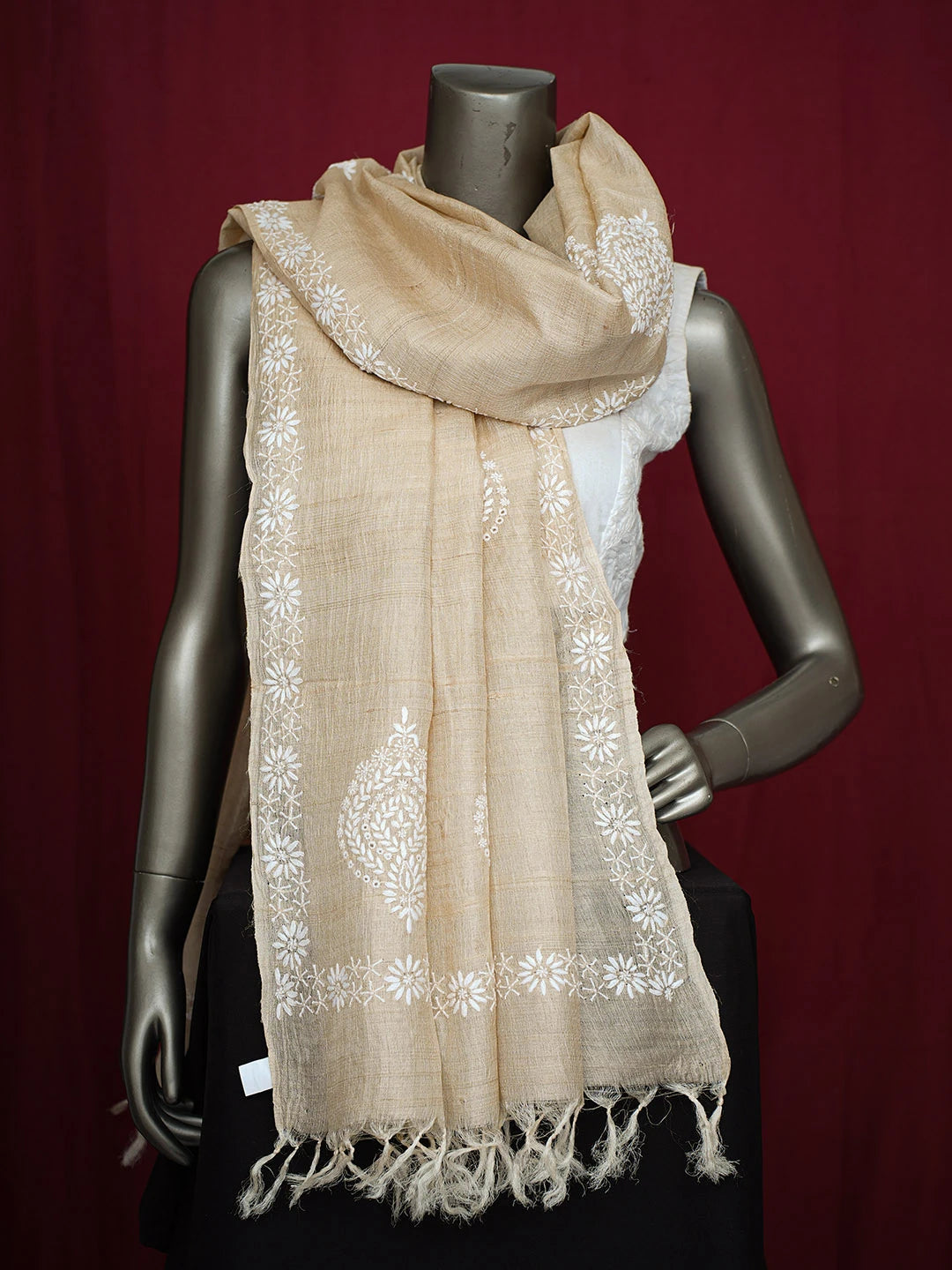 Ada Hand Embroidered Fawn Silk Lucknowi Chikankari Dupatta 01A736369