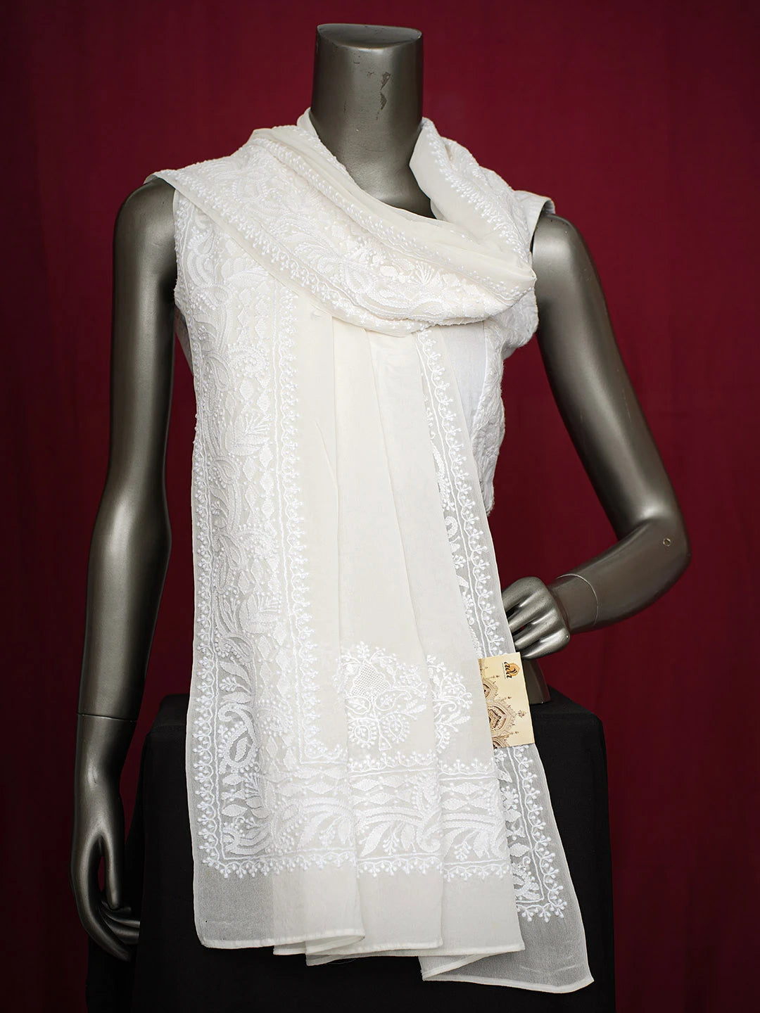 Ada Hand Embroidered White Pure Georgette Lucknowi Chikankari Dupatta 01A716006