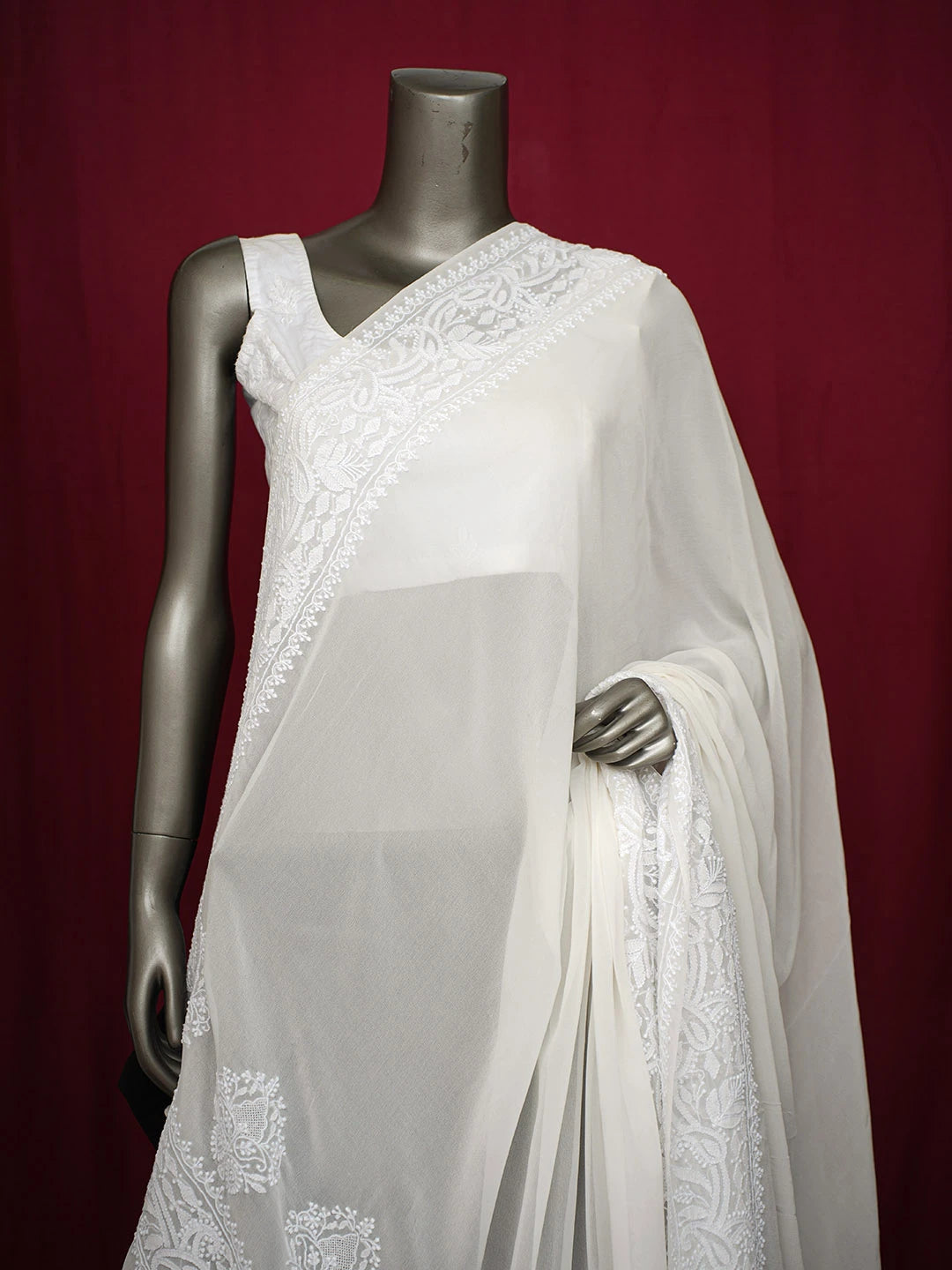 Ada Hand Embroidered White Pure Georgette Lucknowi Chikankari Dupatta 01A716006