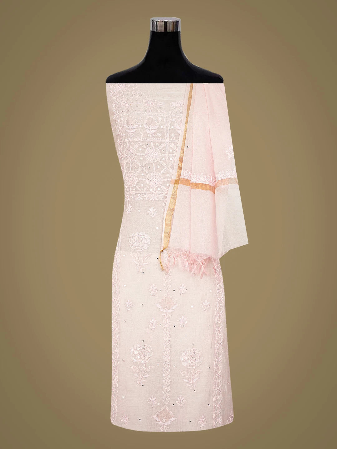 Ada Hand Embroidered Pink Chanderi Lucknowi Chikankari Unstitched Kurta Dupatta Set With Mirror Work 01A701898