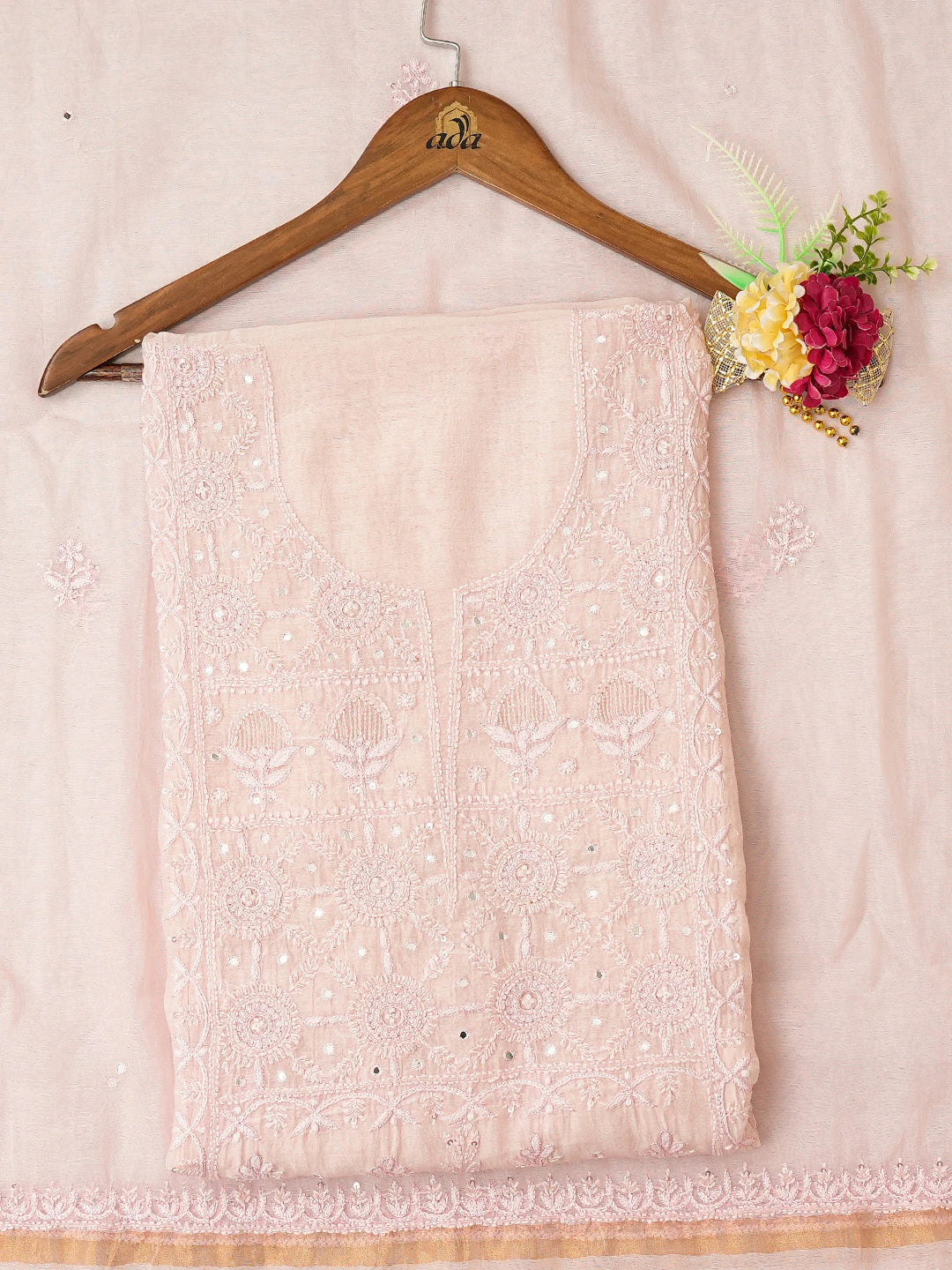 Ada Hand Embroidered Pink Chanderi Lucknowi Chikankari Unstitched Kurta Dupatta Set With Mirror Work 01A701898