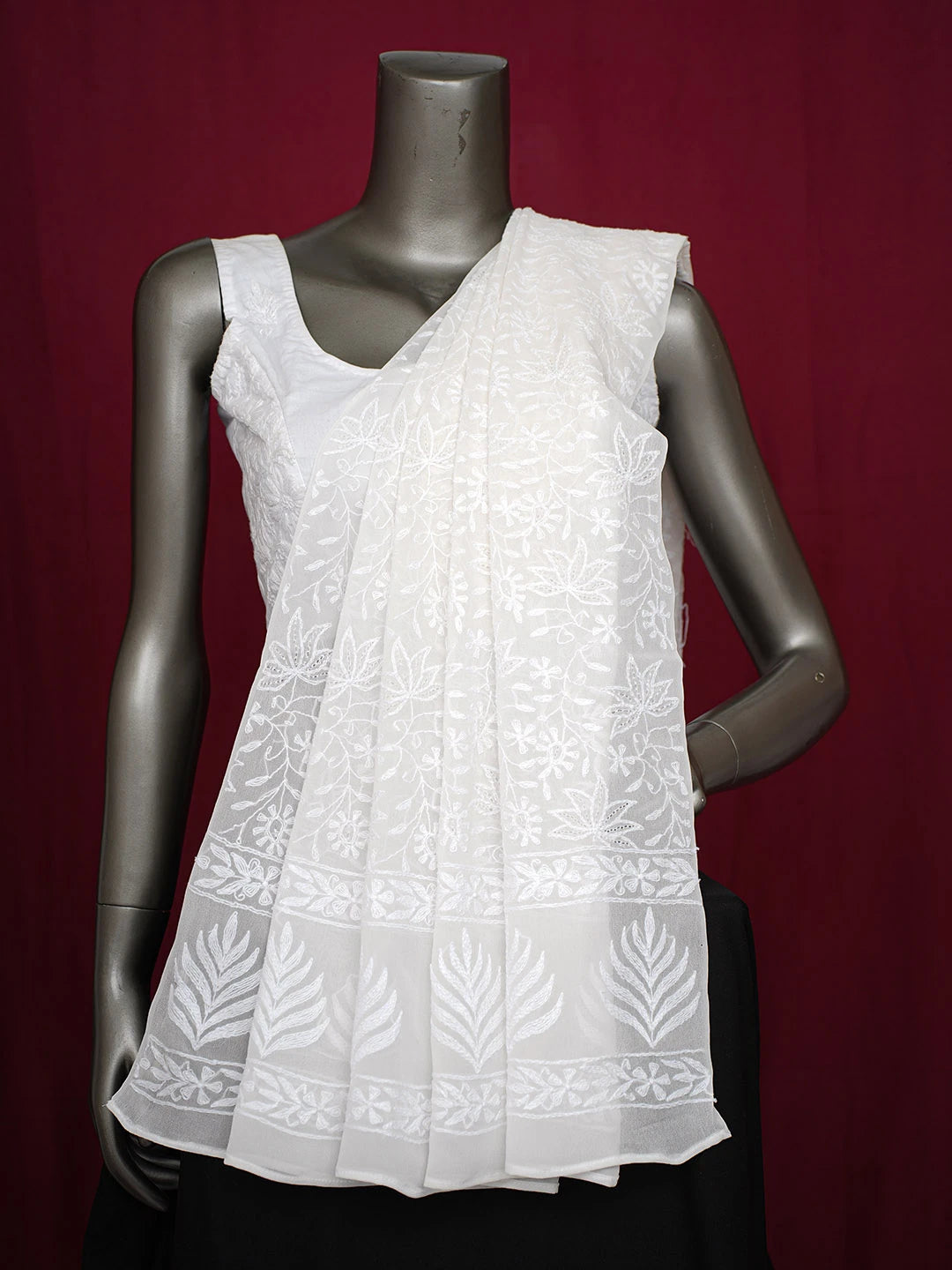 Ada Hand Embroidered White Pure Georgette Lucknowi Chikankari Dupatta 01A727821