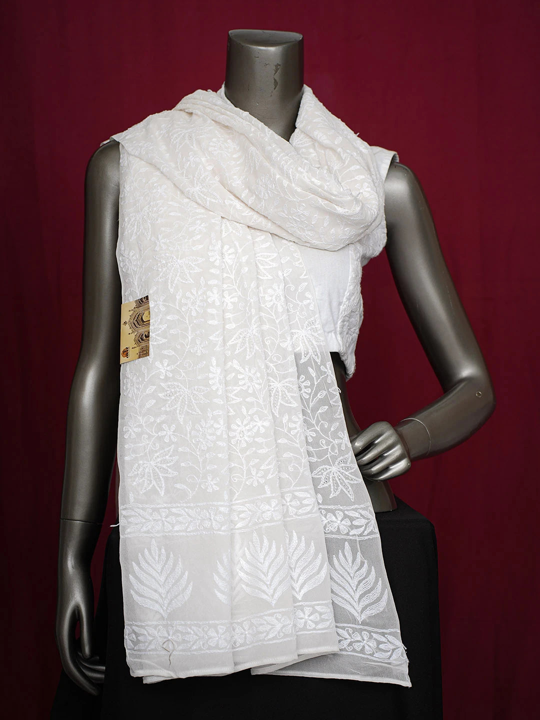 Ada Hand Embroidered White Pure Georgette Lucknowi Chikankari Dupatta 01A727821
