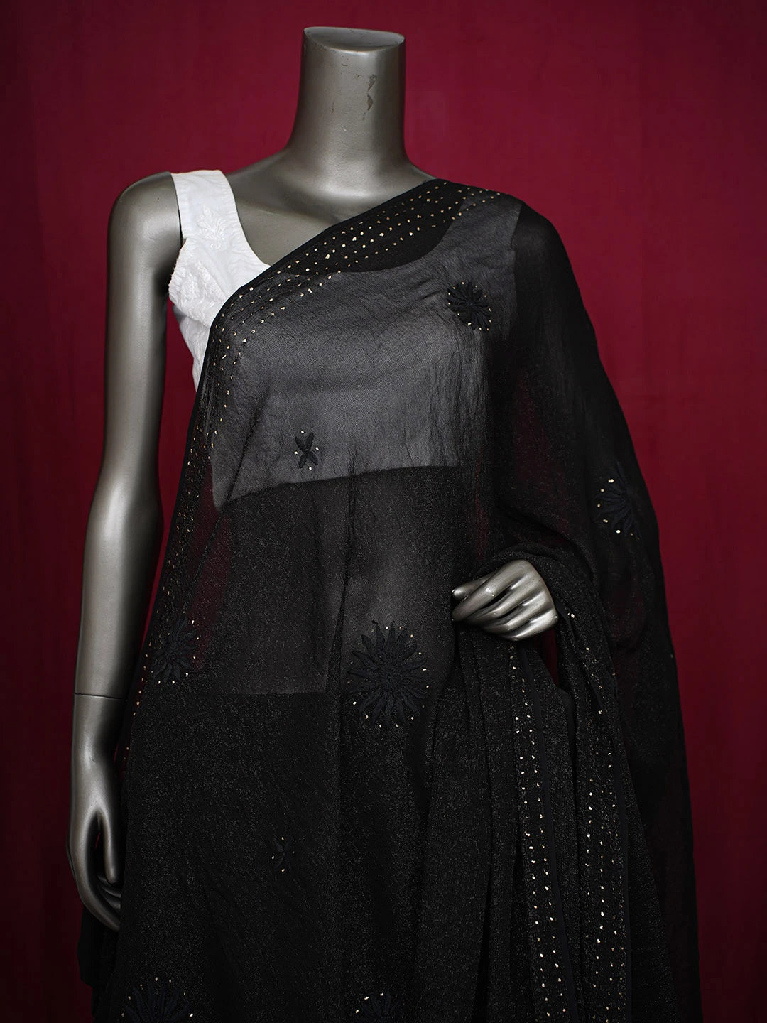 Ada Hand Embroidered Black Viscose Georgette Lucknowi Chikankari Dupatta With Mukaish Work 01A595809