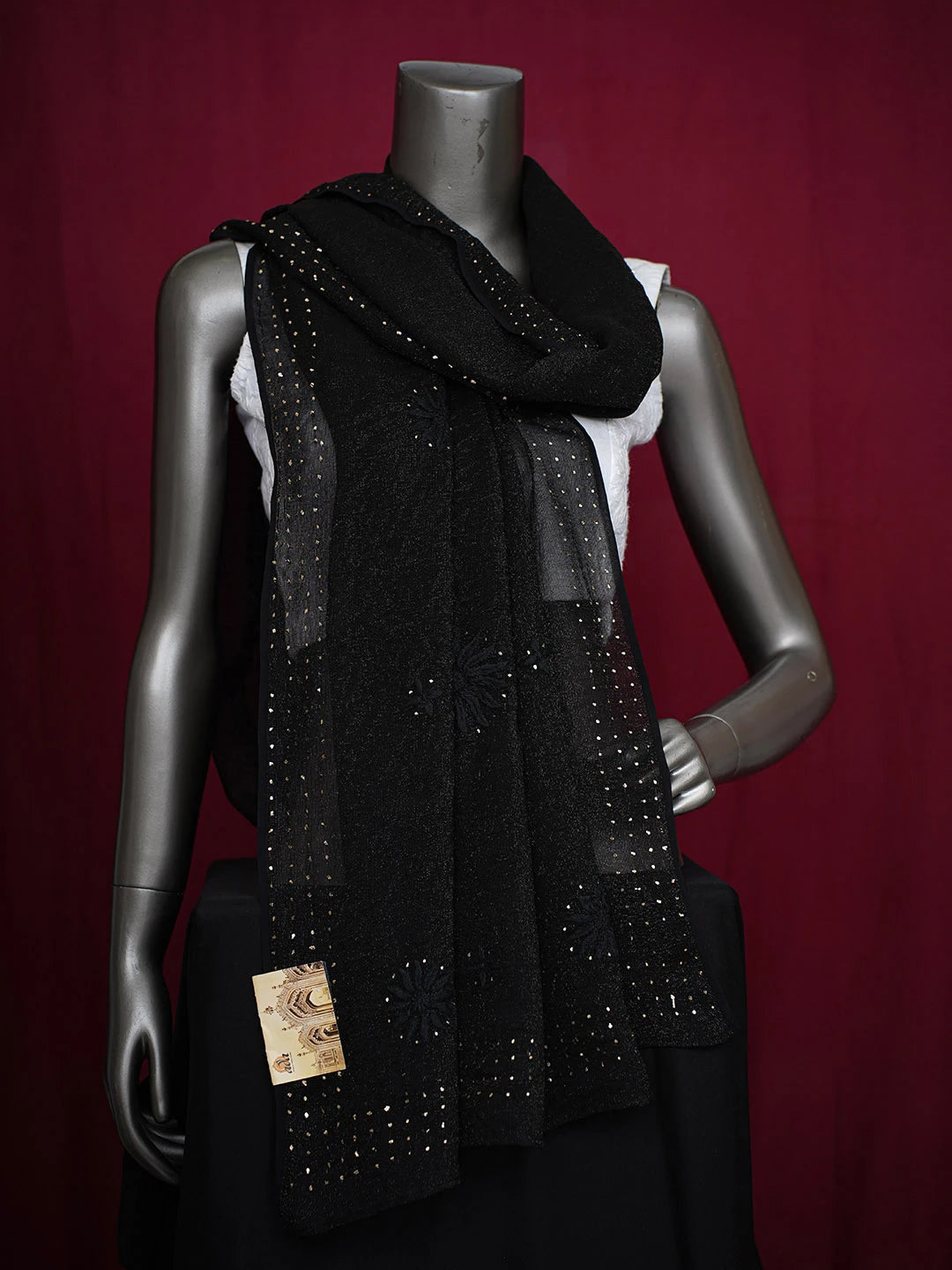 Ada Hand Embroidered Black Viscose Georgette Lucknowi Chikankari Dupatta With Mukaish Work 01A595809