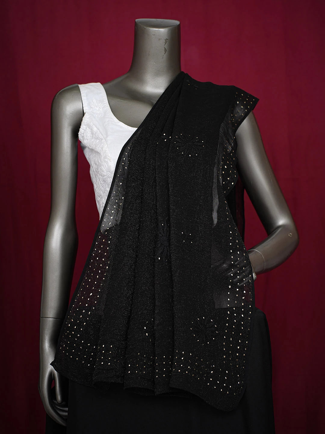 Ada Hand Embroidered Black Viscose Georgette Lucknowi Chikankari Dupatta With Mukaish Work 01A595809