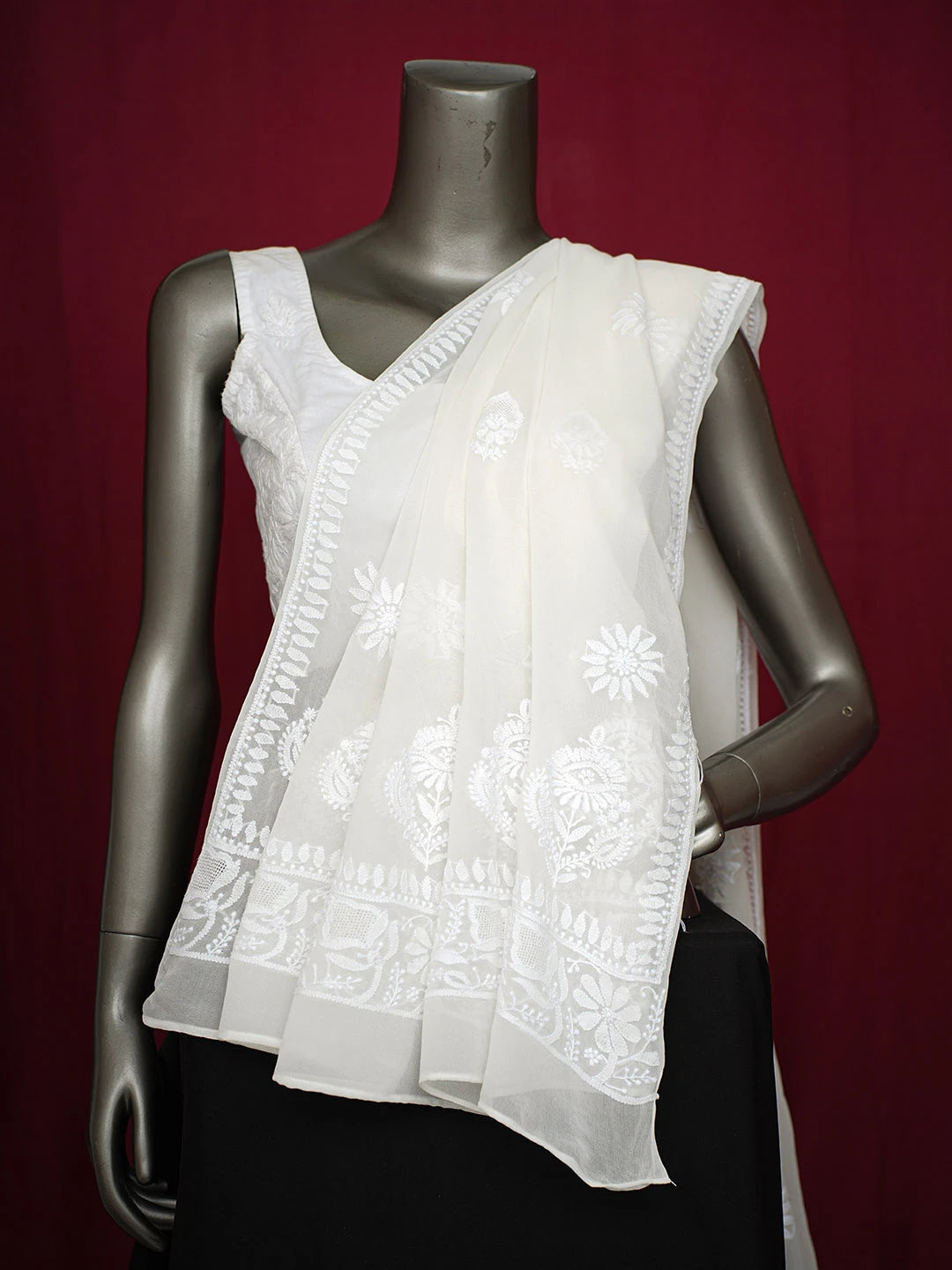Ada Hand Embroidered Mint Cream White Pure Georgette Lucknowi Chikankari Dupatta 01A726261