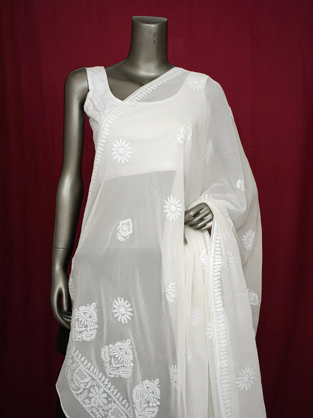 Ada Hand Embroidered Mint Cream White Pure Georgette Lucknowi Chikankari Dupatta 01A726261