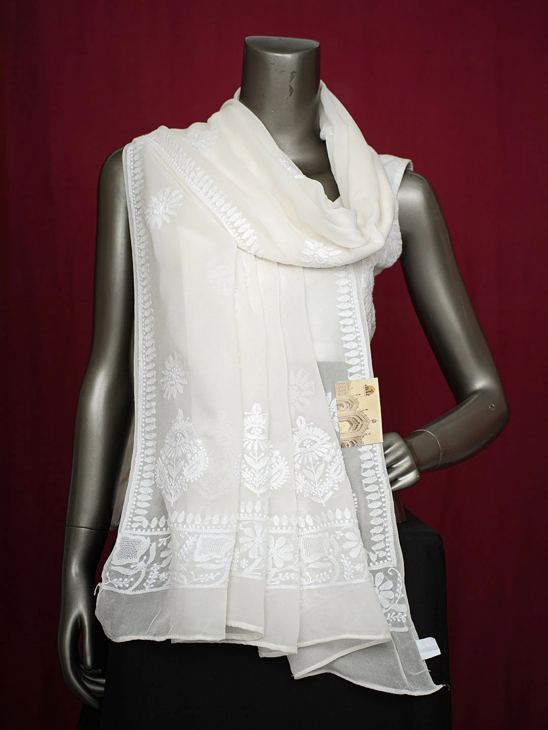 Ada Hand Embroidered Mint Cream White Pure Georgette Lucknowi Chikankari Dupatta 01A726261