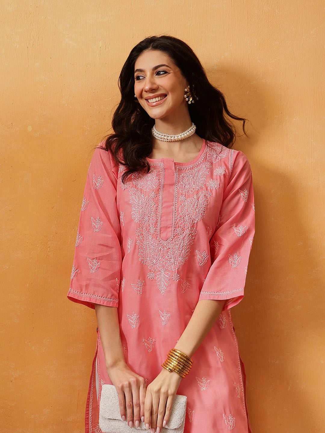 Ada Hand Embroidered Peach Cotton Lucknowi Chikankari straight Kurta A100291
