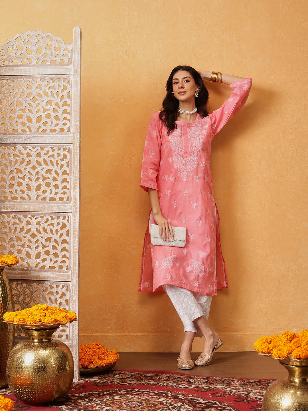 Ada Hand Embroidered Peach Cotton Lucknowi Chikankari straight Kurta A100291