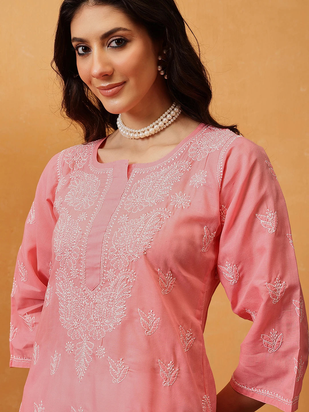 Ada Hand Embroidered Peach Cotton Lucknowi Chikankari straight Kurta A100291