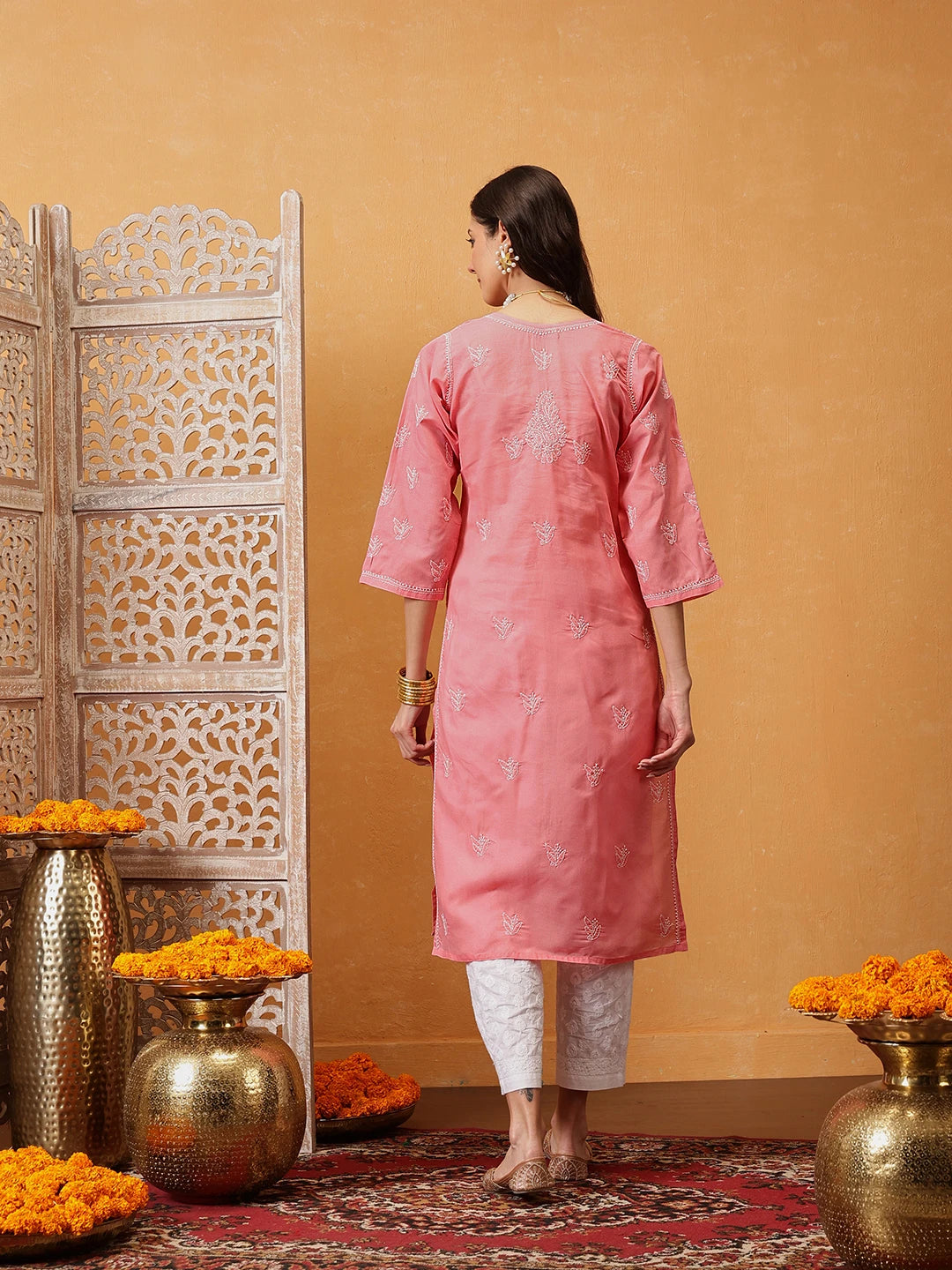 Ada Hand Embroidered Peach Cotton Lucknowi Chikankari straight Kurta A100291