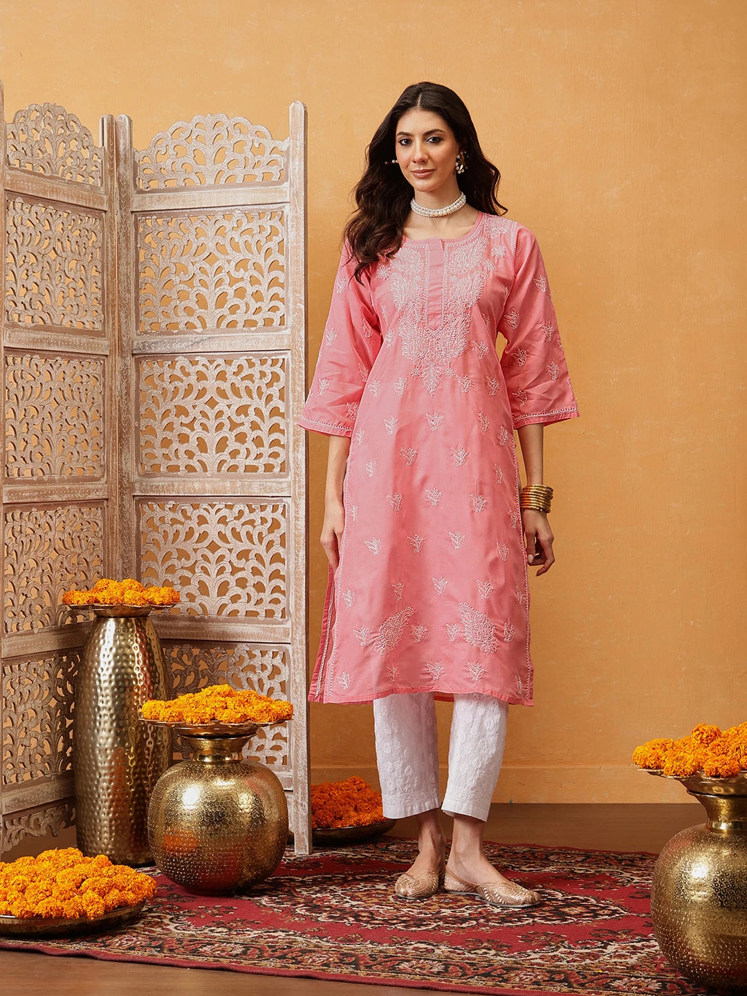 Ada Hand Embroidered Peach Cotton Lucknowi Chikankari straight Kurta A100291
